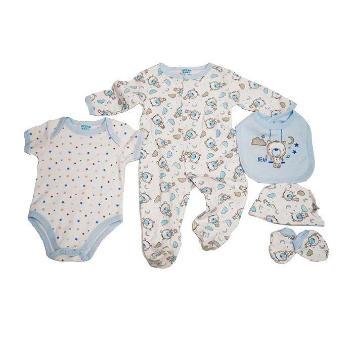 5 Piece Blue Bear 100% Cotton Infant Baby Girl/Boy Clothes Set - Little Surprise Box5 Piece Blue Bear 100% Cotton Infant Baby Girl/Boy Clothes Set