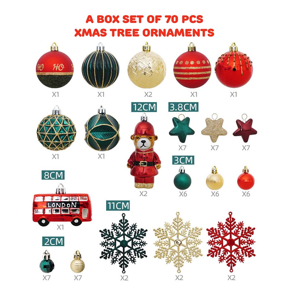 70 pcs London theme Red, Green, Gold Christmas Ball Tree ornaments XMAS Decoration Set - Little Surprise Box70 pcs London theme Red, Green, Gold Christmas Ball Tree ornaments XMAS Decoration Set