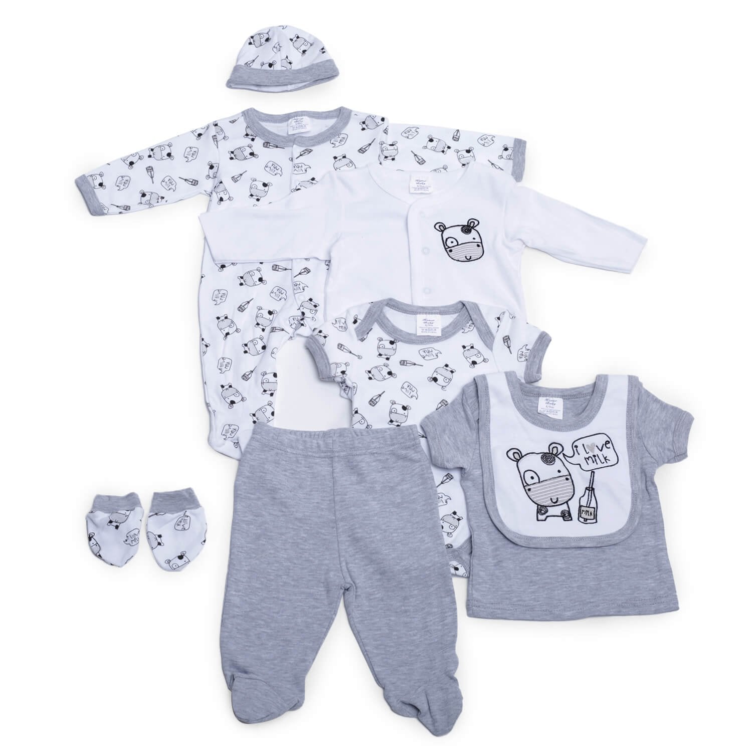 8 pcs Grey & White Cow Baby Girl/Boy Clothes Set (3-6 months) - Little Surprise Box8 pcs Grey & White Cow Baby Girl/Boy Clothes Set (3-6 months)