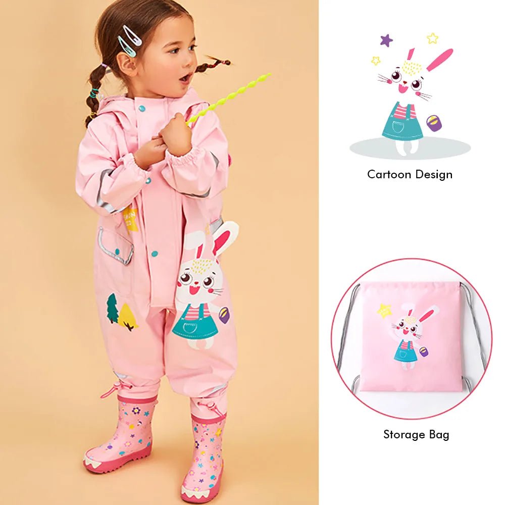 Baby Pink Rabbit Theme All Over Jumpsuit / Playsuit Raincoat for Kids - Little Surprise BoxBaby Pink Rabbit Theme All Over Jumpsuit / Playsuit Raincoat for Kids