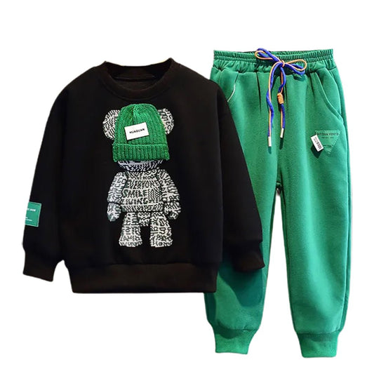 Black & Green Fuzzy Teddy 2 piece Track Suit set for Kids - Little Surprise BoxBlack & Green Fuzzy Teddy 2 piece Track Suit set for Kids