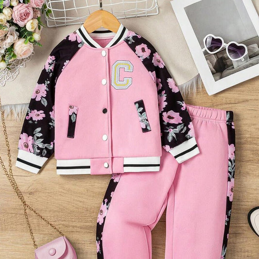 Black & Pink Floral Strip , 2 pc Track suit set for Toddlers and Kids - Little Surprise BoxBlack & Pink Floral Strip , 2 pc Track suit set for Toddlers and Kids