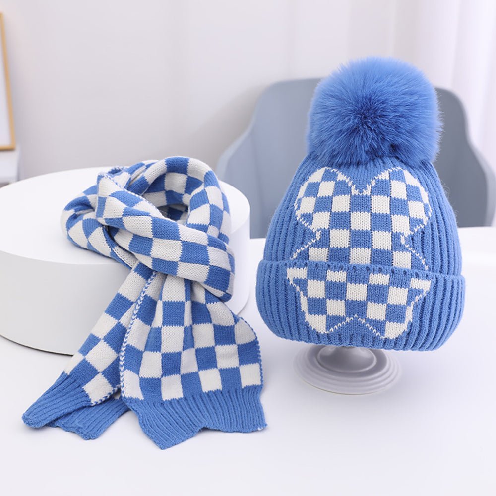 Blue Checkered Winter Cap Beanie & matching Neck Muffler 2pcs Set - Little Surprise BoxBlue Checkered Winter Cap Beanie & matching Neck Muffler 2pcs Set