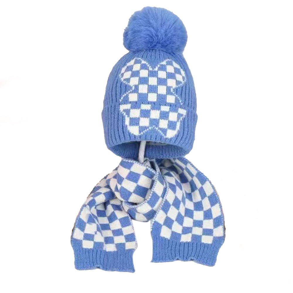 Blue Checkered Winter Cap Beanie & matching Neck Muffler 2pcs Set - Little Surprise BoxBlue Checkered Winter Cap Beanie & matching Neck Muffler 2pcs Set