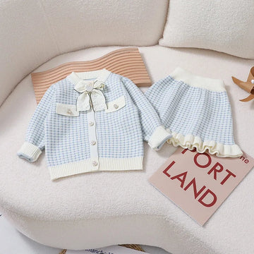 Blue & Cream Big Bow , 2 pc Top & Skirt set for Toddlers and Kids - Little Surprise BoxBlue & Cream Big Bow , 2 pc Top & Skirt set for Toddlers and Kids