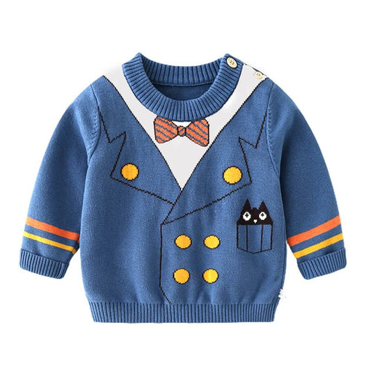 Blue, Little Man Bow Print Kids Cardigan Sweater, Round Neck - Little Surprise BoxBlue , Little Man Bow Print Kids Cardigan Sweater, Round Neck