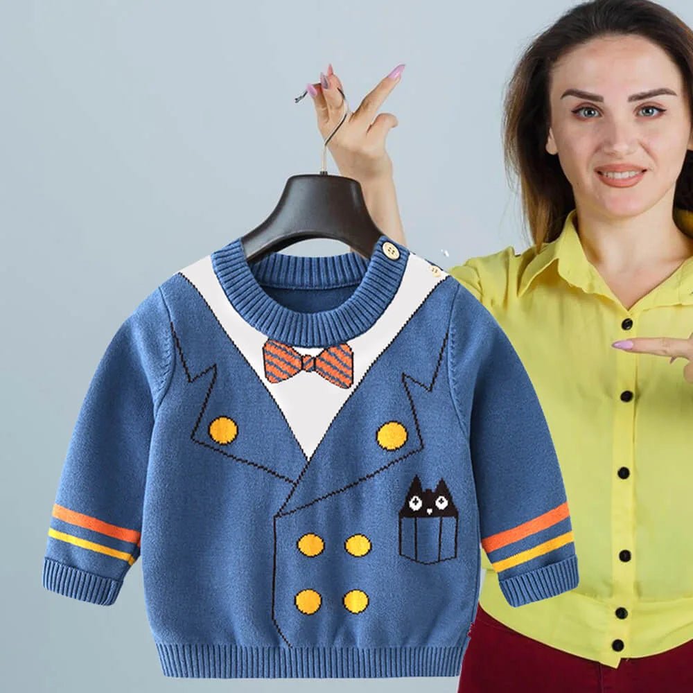 Blue, Little Man Bow Print Kids Cardigan Sweater, Round Neck - Little Surprise BoxBlue, Little Man Bow Print Kids Cardigan Sweater, Round Neck