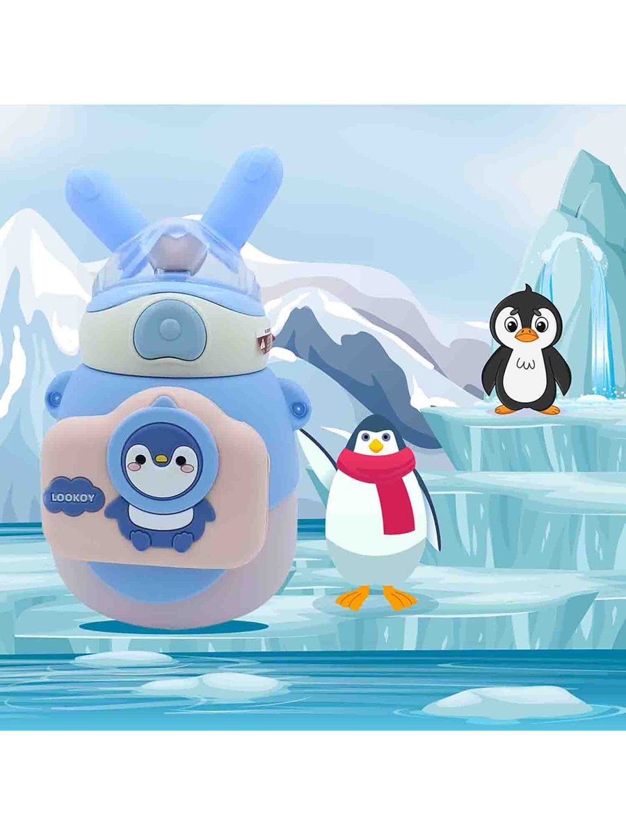 Blue Penguin Water Bottle with soft 3d Horns for Kids, 550ml - Little Surprise BoxBlue Penguin Water Bottle with soft 3d Horns for Kids, 550ml