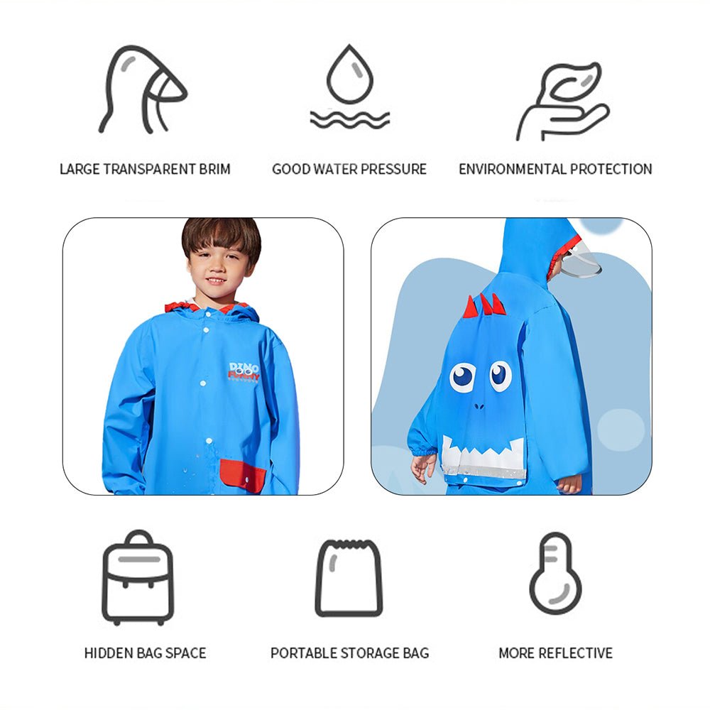 Blue & Red Dinosaur Kids Raincoat with Backpack Carrying Space - Little Surprise BoxBlue & Red Dinosaur Kids Raincoat with Backpack Carrying Space