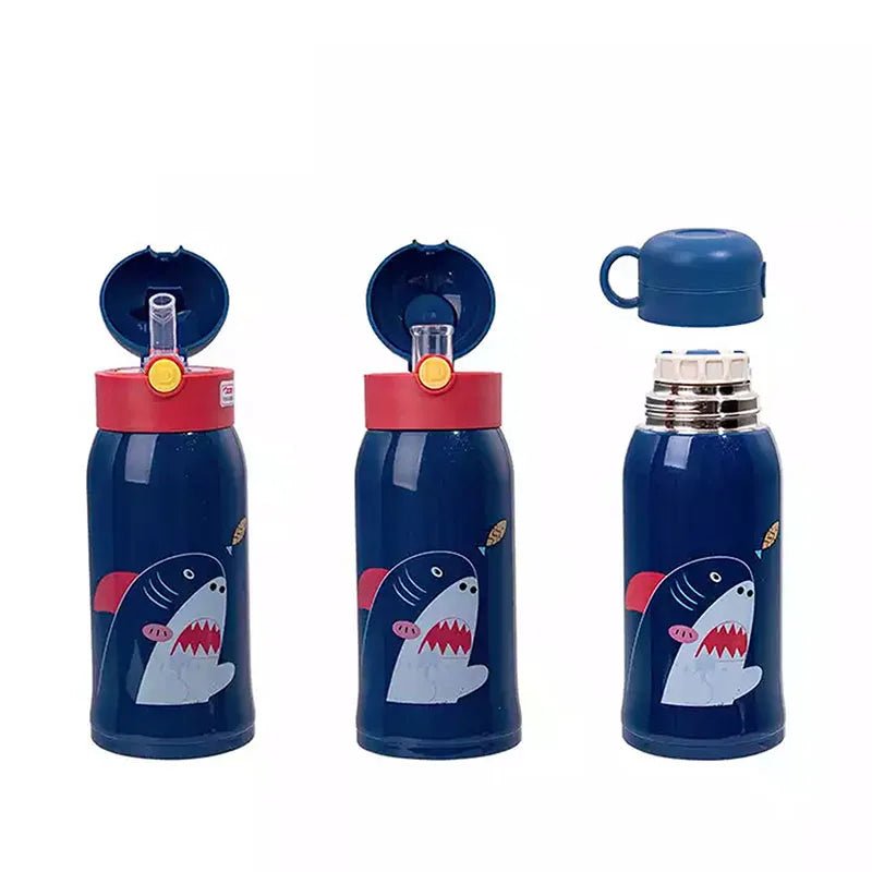 Blue Shark Print Insulated Vaccum Flask Kids Stainless Steel Water Bottle / Tumbler with Plush Velvet 3d Shark Cover and Thick Strap - Little Surprise BoxBlue Shark Print Insulated Vaccum Flask Kids Stainless Steel Water Bottle / Tumbler with Plush Velvet 3d Shark Cover and Thick Strap