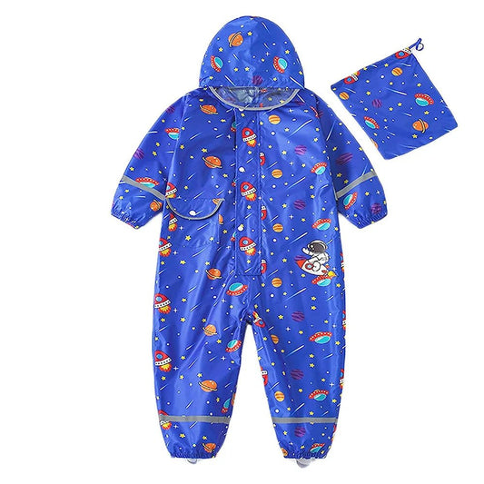 Blue Space Theme All Over Jumpsuit / Playsuit Raincoat for Kids - Little Surprise BoxBlue Space Theme All Over Jumpsuit / Playsuit Raincoat for Kids