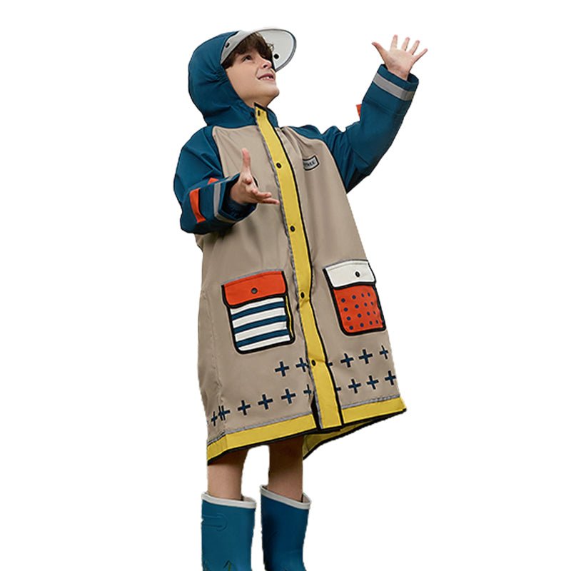 Bold Geometric print Beige & Blue Raincoat for Kids - Little Surprise BoxBold Geometric print Beige & Blue Raincoat for Kids