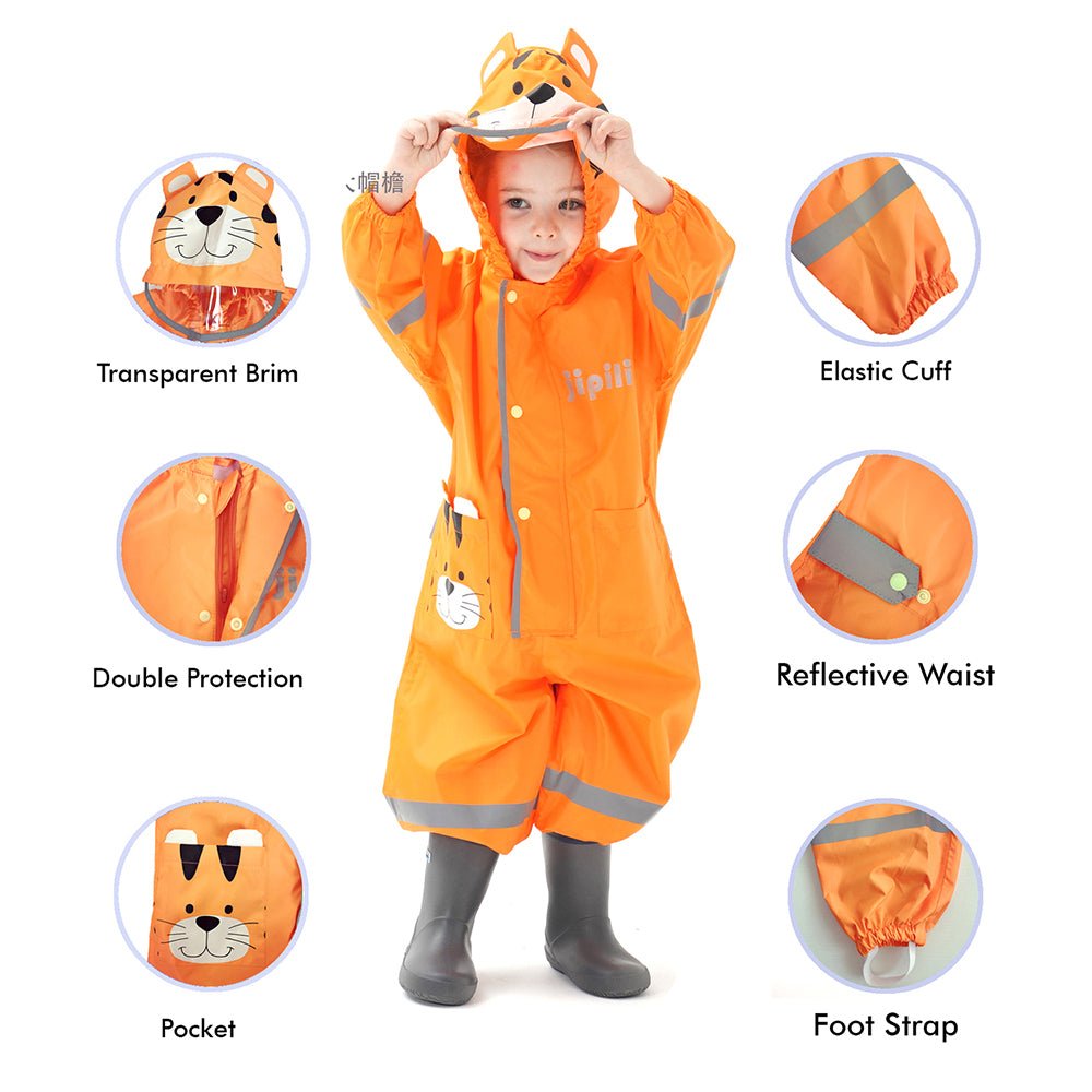 Bright Orange Roaring Tiger Theme All Over Jumpsuit / Playsuit Raincoat for Kids - Little Surprise BoxBright Orange Roaring Tiger Theme All Over Jumpsuit / Playsuit Raincoat for Kids
