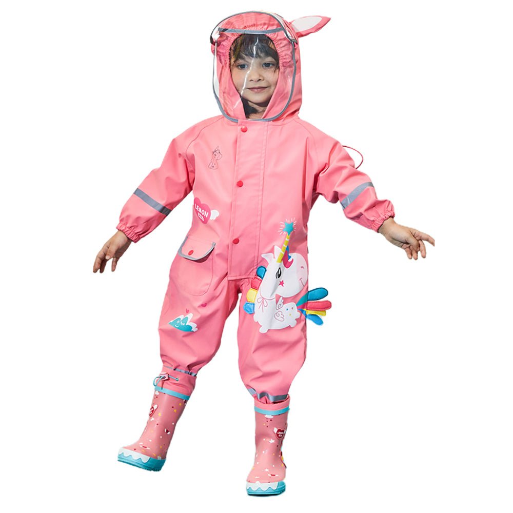 Bright Pink Magical Unicorn Theme All Over Jumpsuit / Playsuit Raincoat for Kids - Little Surprise BoxBright Pink Magical Unicorn Theme All Over Jumpsuit / Playsuit Raincoat for Kids
