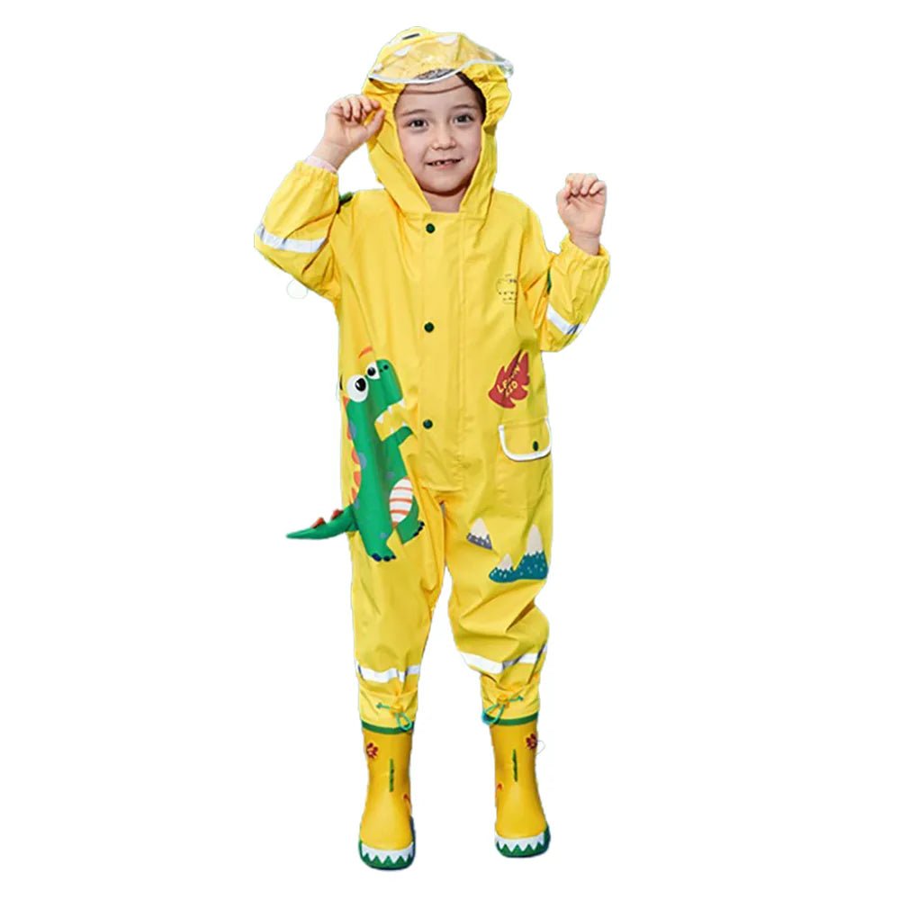 Bright Yellow 3D Dino Theme All Over Jumpsuit / Playsuit Raincoat for Kids - Little Surprise BoxBright Yellow 3D Dino Theme All Over Jumpsuit / Playsuit Raincoat for Kids