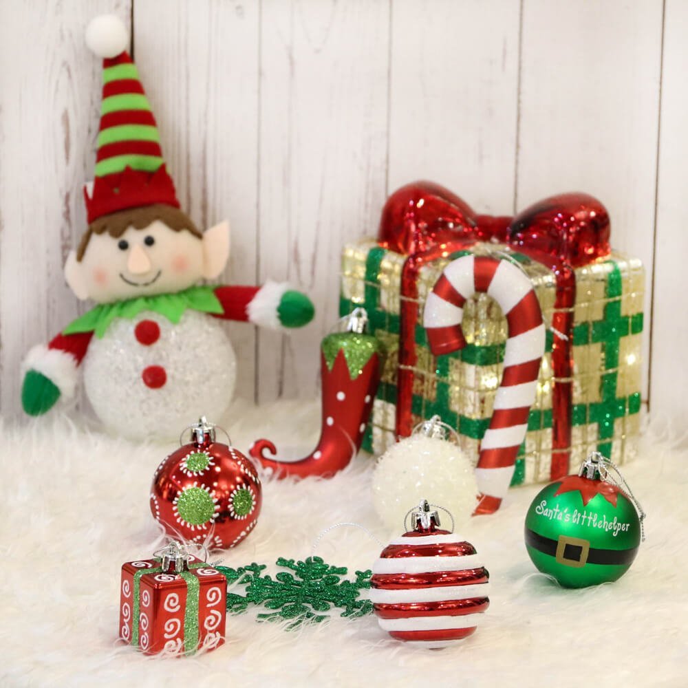 Christmas Ball Ornaments XMas Tree Hanging Decorations Red & Green Elf theme Christmas Balls, 100 pcs Box Set - Little Surprise BoxChristmas Ball Ornaments XMas Tree Hanging Decorations Red & Green Elf theme Christmas Balls, 100 pcs Box Set