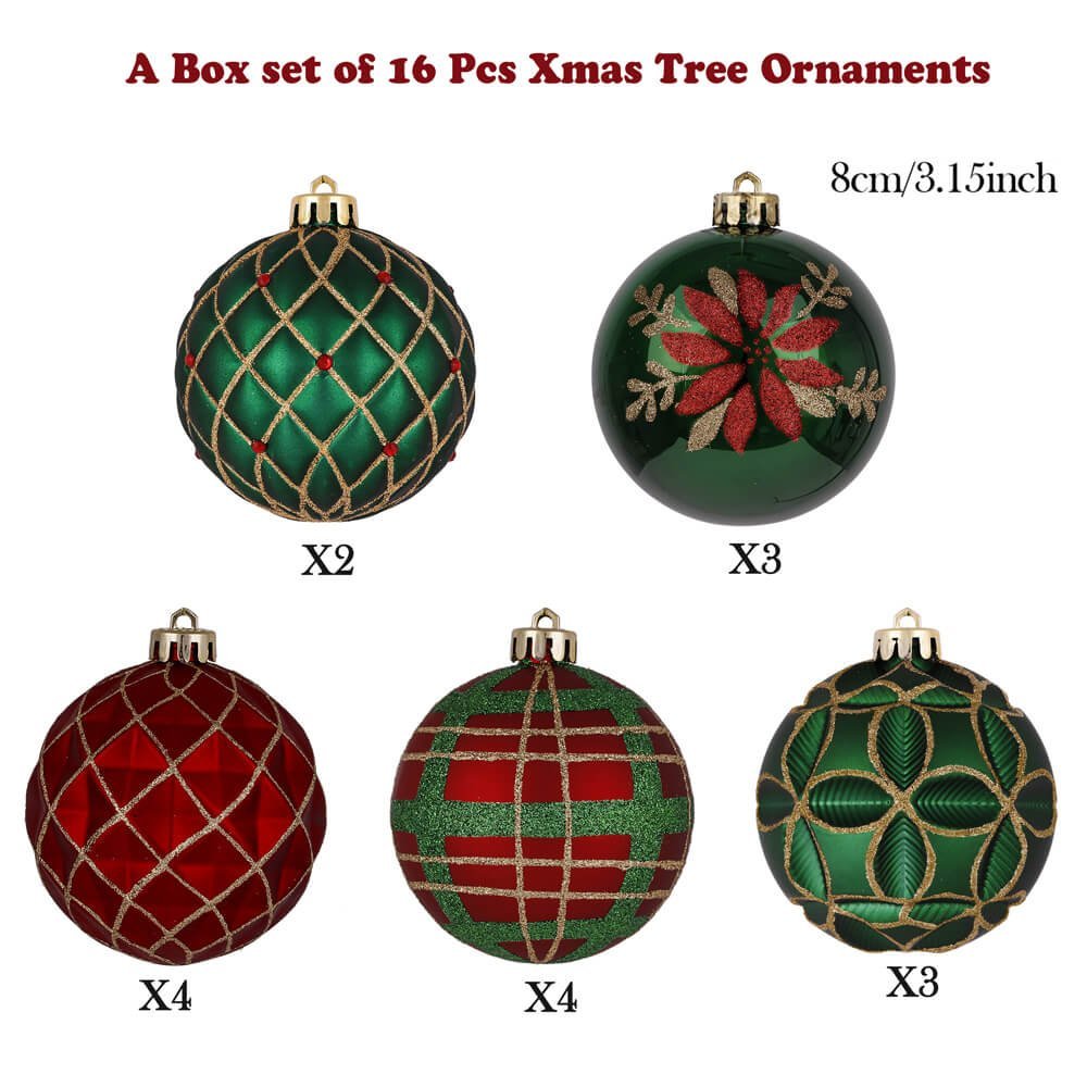16 pcs Box Set, Christmas Ball Ornaments XMas Tree Hanging Decorations, Red, Green & Gold christmas Balls.