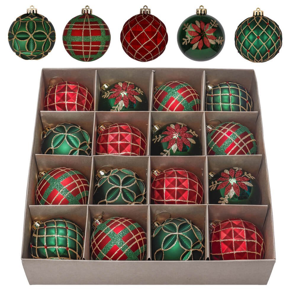 16 pcs Box Set, Christmas Ball Ornaments XMas Tree Hanging Decorations, Red, Green & Gold christmas Balls.
