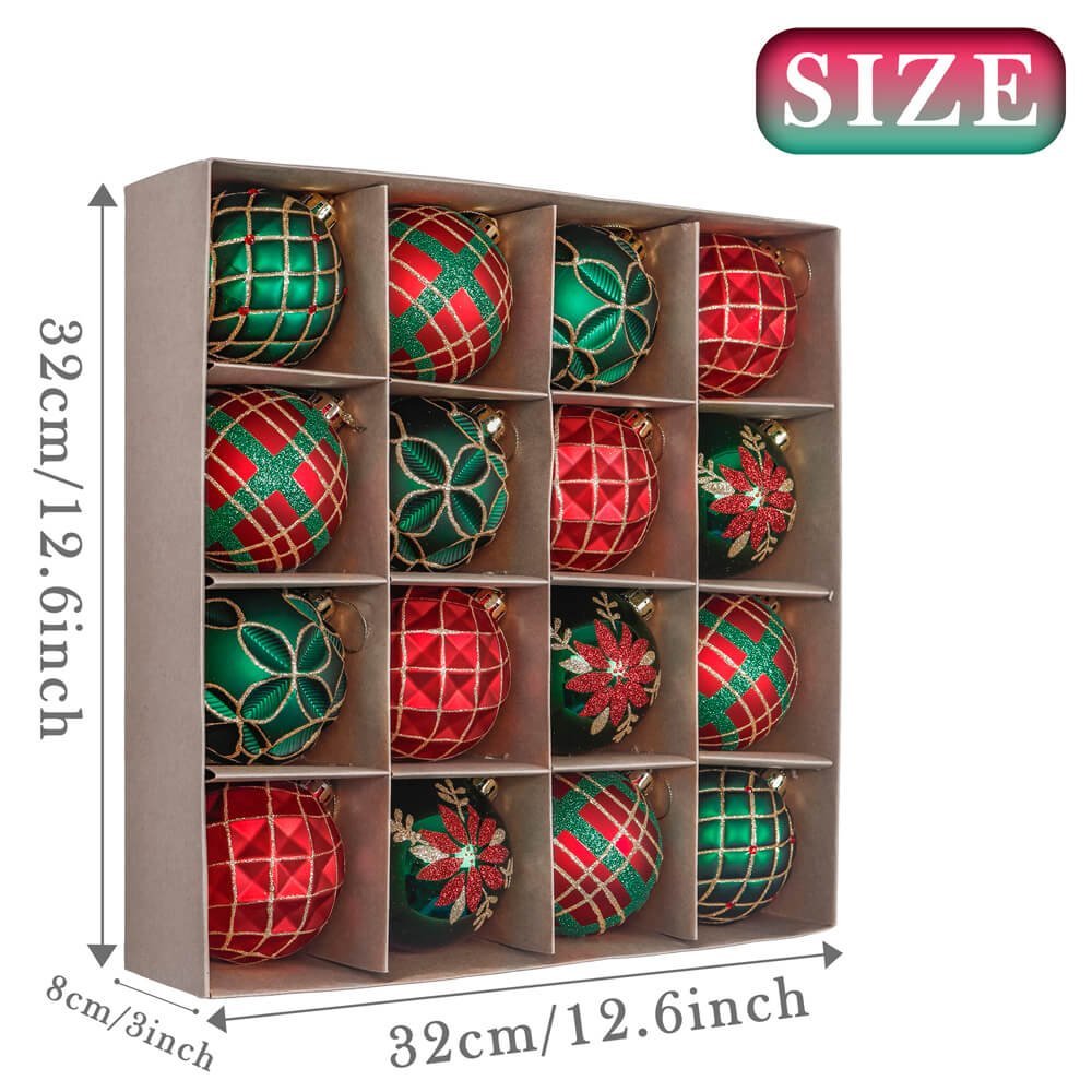 16 pcs Box Set, Christmas Ball Ornaments XMas Tree Hanging Decorations, Red, Green & Gold christmas Balls.
