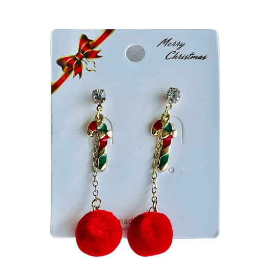 Christmas earrings accessories party wear, Red Pompom hanging with Candy sticks - Little Surprise BoxChristmas earrings accessories party wear, Red Pompom hanging with Candy sticks