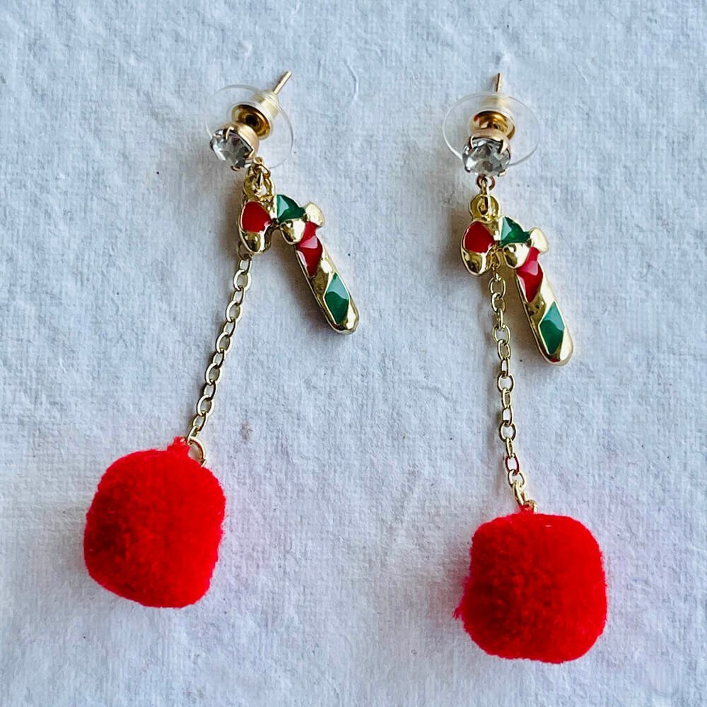Christmas earrings accessories party wear, Red Pompom hanging with Candy sticks - Little Surprise BoxChristmas earrings accessories party wear, Red Pompom hanging with Candy sticks