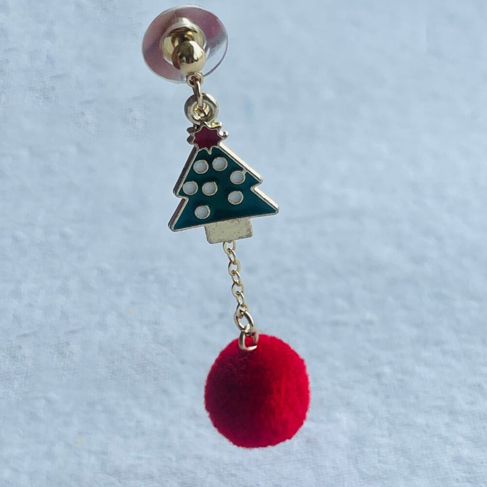 Christmas earrings accessories party wear, Red Pompom hanging with christmas polka dots Tree - Little Surprise BoxChristmas earrings accessories party wear, Red Pompom hanging with christmas polka dots Tree