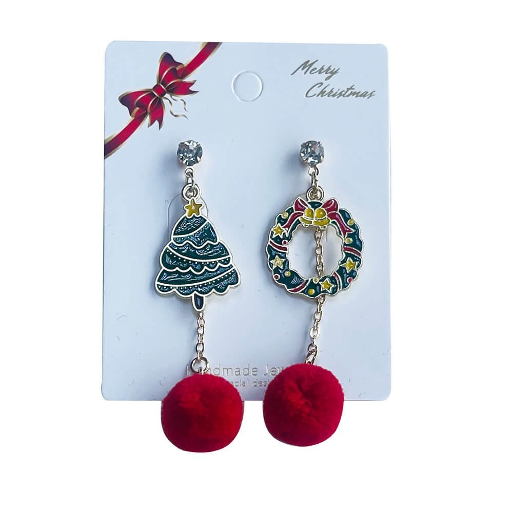 Christmas earrings accessories party wear, Red Pompom hanging with christmas Tree and christmas wreath