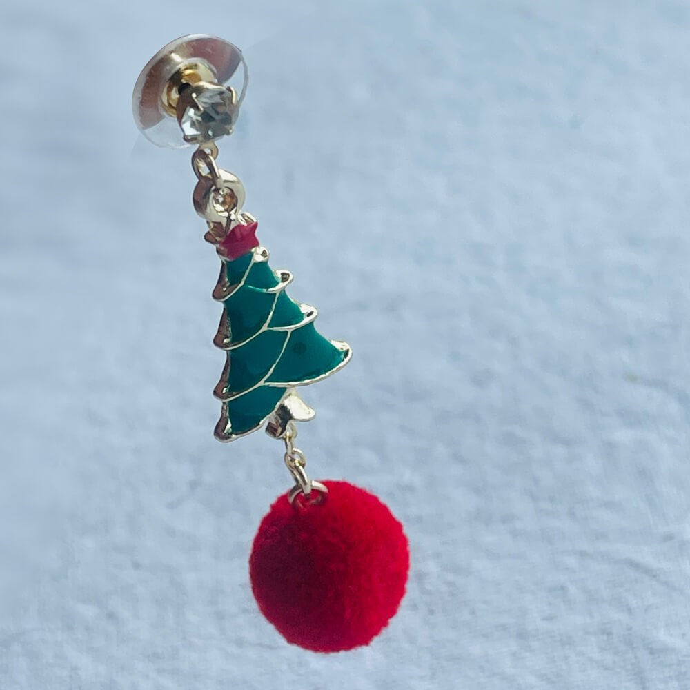 Christmas earrings accessories party wear, Red Pompom hanging with christmas Tree big - Little Surprise BoxChristmas earrings accessories party wear, Red Pompom hanging with christmas Tree big