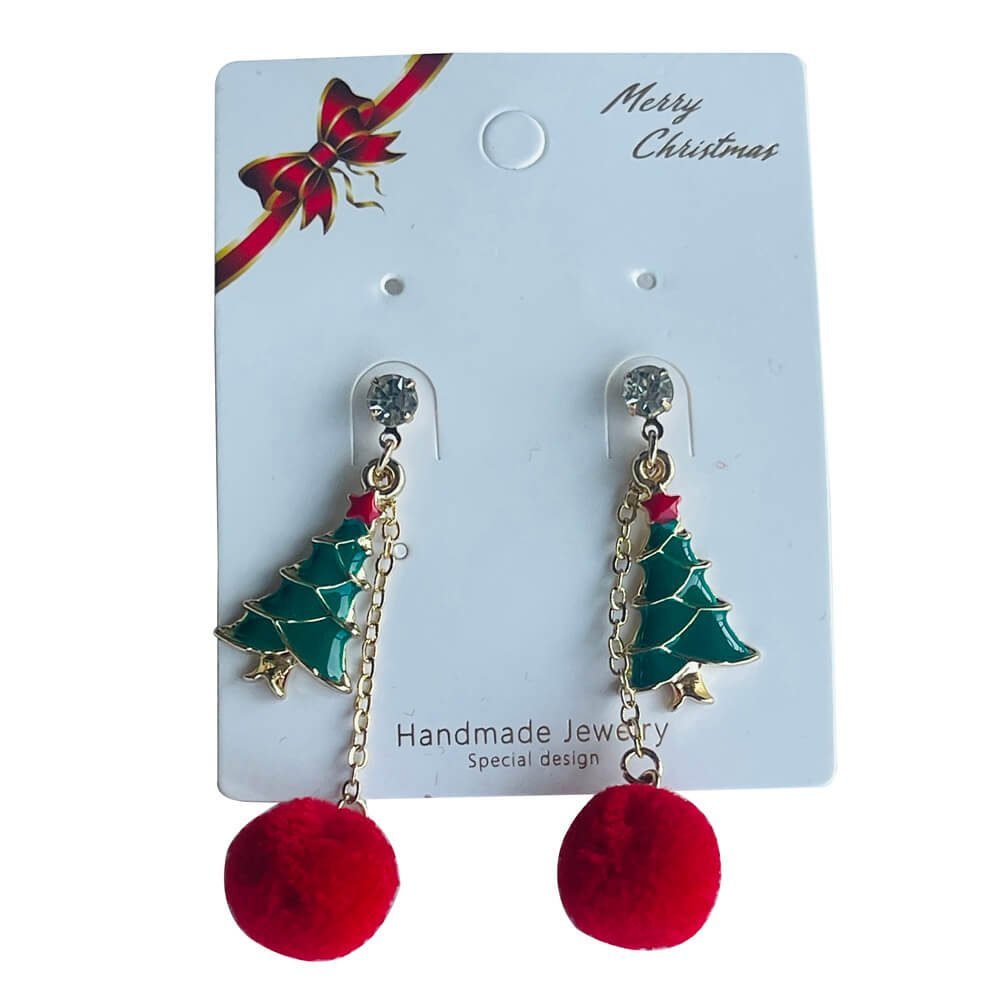 Christmas earrings accessories party wear, Red Pompom hanging with christmas Tree big - Little Surprise BoxChristmas earrings accessories party wear, Red Pompom hanging with christmas Tree big