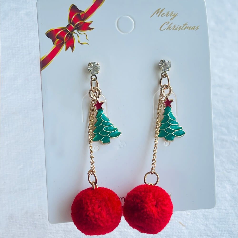 Christmas earrings accessories party wear, Red Pompom hanging with christmas Tree small - Little Surprise BoxChristmas earrings accessories party wear, Red Pompom hanging with christmas Tree small