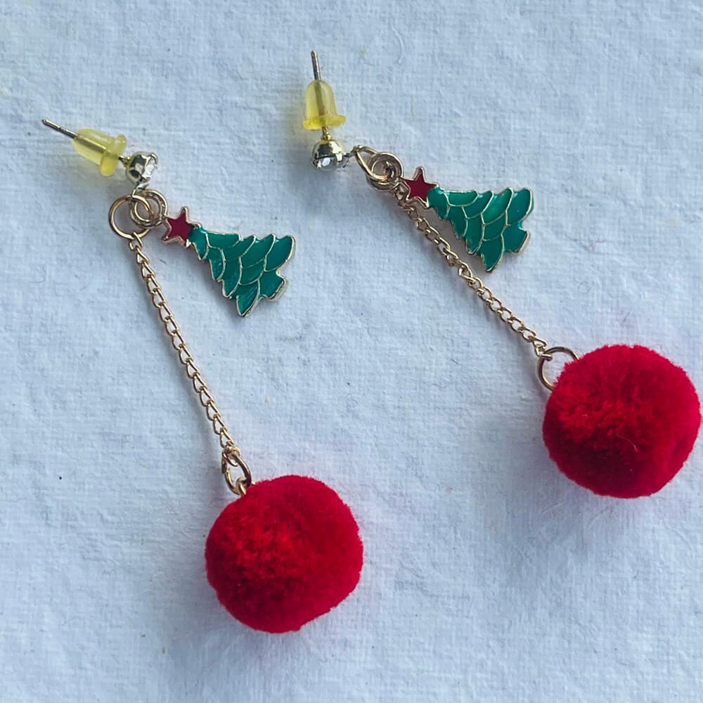 Christmas earrings accessories party wear, Red Pompom hanging with christmas Tree small - Little Surprise BoxChristmas earrings accessories party wear, Red Pompom hanging with christmas Tree small