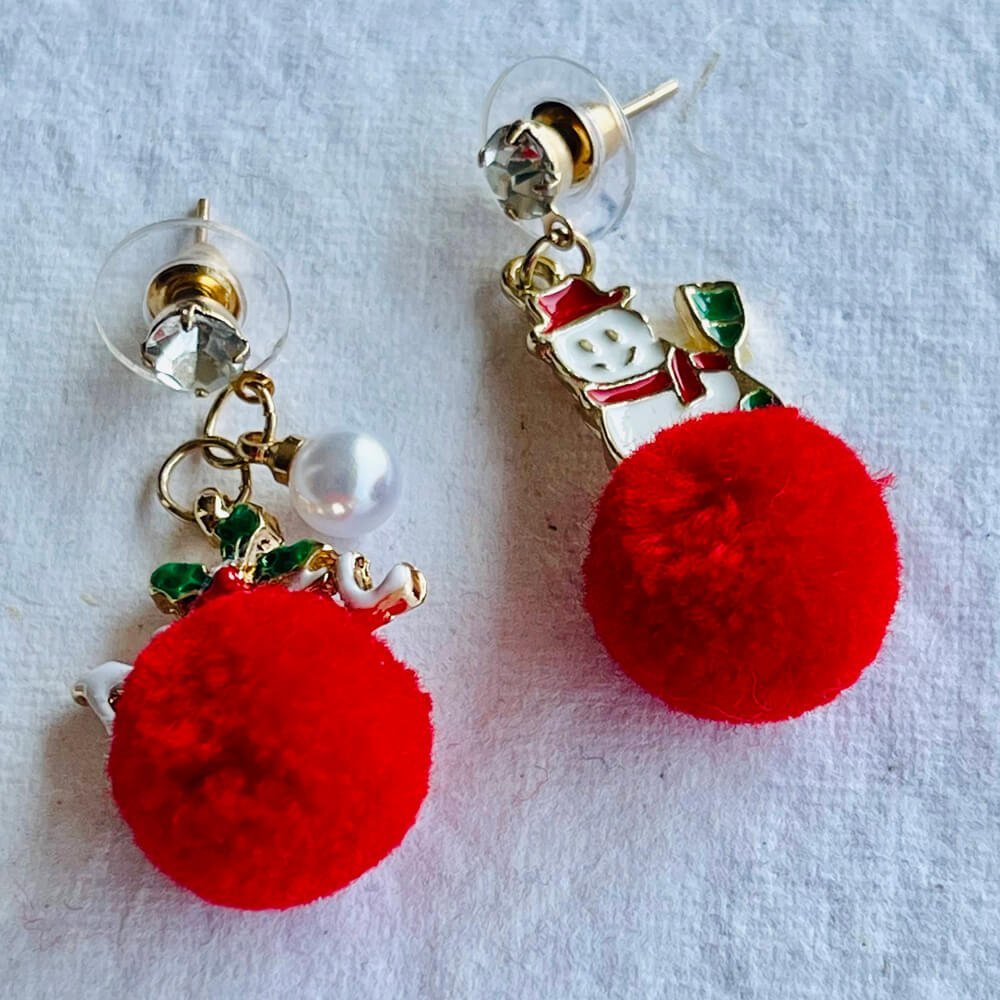 Christmas earrings accessories party wear, Red Pompom hanging with Noel and Snowman - Little Surprise BoxChristmas earrings accessories party wear, Red Pompom hanging with Noel and Snowman