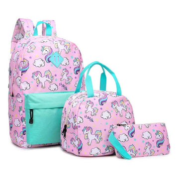 Clouds & unicorns 3 pcs Matching Backpack with Lunch Bag & Stationery Pouch, green & pink
