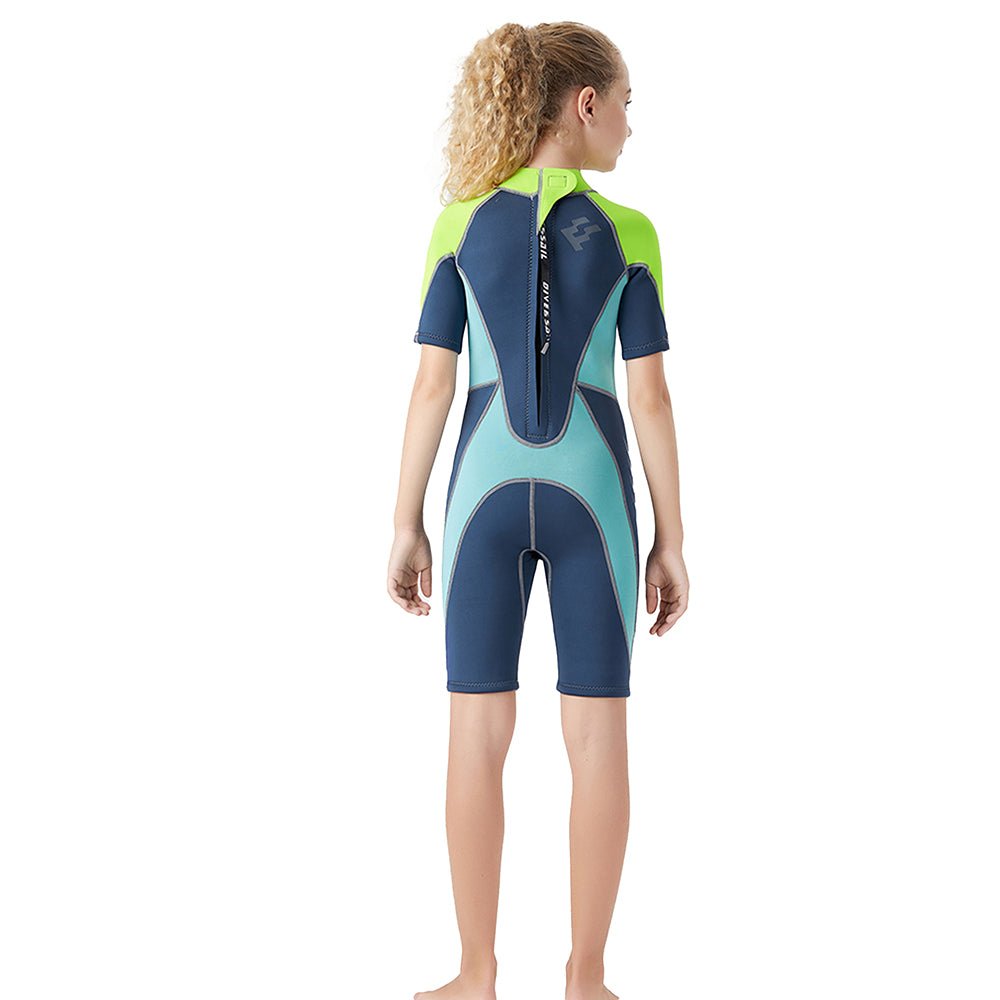 Colorblock Green & Light Blue 2.5mm Neoprene Knee Length Kids Swimsuit, Half Sleeves Swimwear - Little Surprise BoxColorblock Green & Light Blue 2.5mm Neoprene Knee Length Kids Swimsuit, Half Sleeves Swimwear