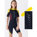 Colorblock Yellow & Black 2.5mm Neoprene Knee Length Kids Swimsuit, Half Sleeves Swimwear - Little Surprise BoxColorblock Yellow & Black 2.5mm Neoprene Knee Length Kids Swimsuit, Half Sleeves Swimwear