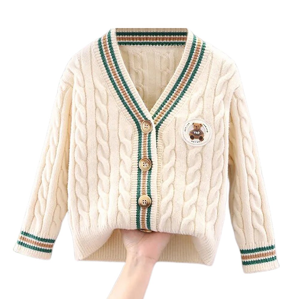 Cream & Green Ted Monogram V neck Winter Warmer Cardigan & Sweater for toddlers & Kids - Little Surprise BoxCream & Green Ted Monogram V neck Winter Warmer Cardigan & Sweater for toddlers & Kids