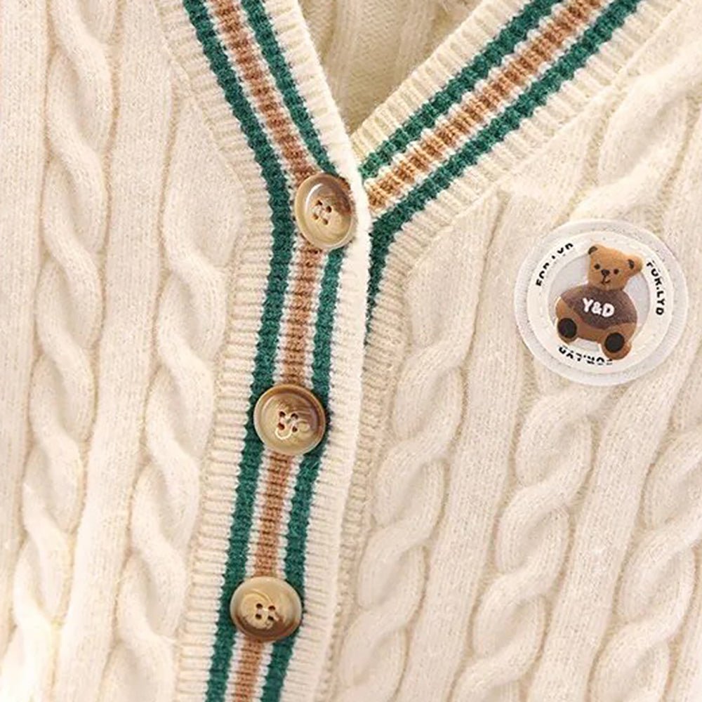 Cream & Green Ted Monogram V neck Winter Warmer Cardigan & Sweater for toddlers & Kids - Little Surprise BoxCream & Green Ted Monogram V neck Winter Warmer Cardigan & Sweater for toddlers & Kids