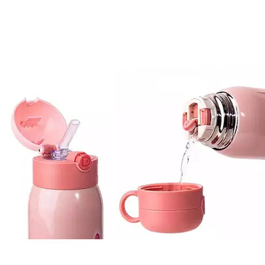 Cute Pink Bunny Print Insulated Vaccum Flask Kids Stainless Steel Water Bottle / Tumbler with Plush Velvet 3d Bunny Cover and Thick Strap