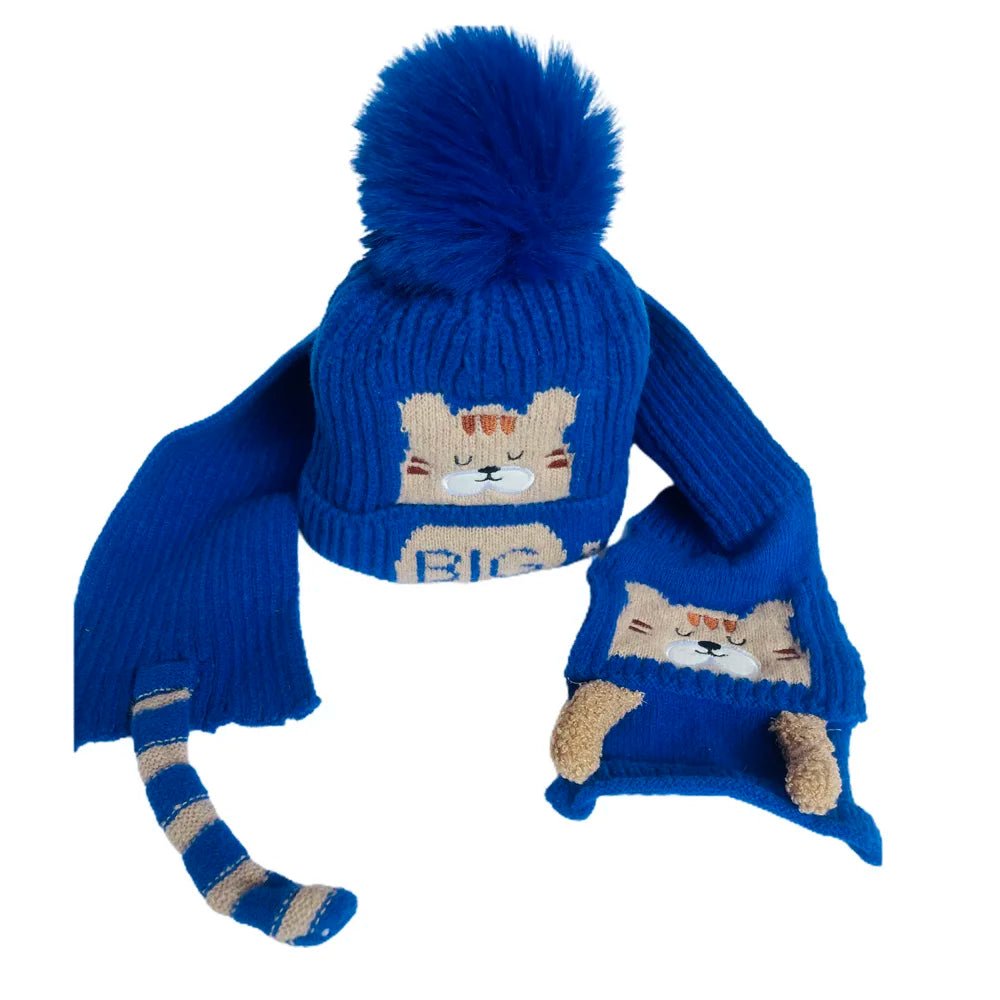 Dark Blue Bear Woven Stretchable Woolen Winter Cap For Kids With Matching Neck Muffler Set (3-10Yrs) - Little Surprise BoxDark Blue Bear Woven Stretchable Woolen Winter Cap For Kids With Matching Neck Muffler Set (3-10Yrs)