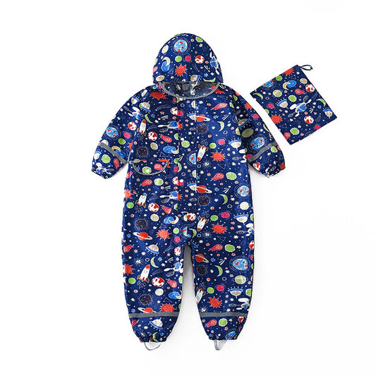 Dark Blue Starry Planets Theme All Over Jumpsuit / Playsuit Raincoat for Kids - Little Surprise BoxDark Blue Starry Planets Theme All Over Jumpsuit / Playsuit Raincoat for Kids