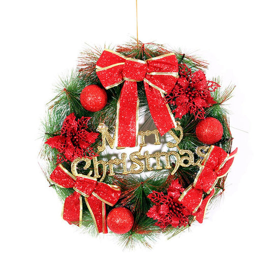 Deep Red Merry Christmas themed artificial Christmas Wreath for Walls, Tree and Christmas Door Décor, 15 inches (w) x 15 inches (ht) with Lights - Little Surprise BoxDeep Red Merry Christmas themed artificial Christmas Wreath for Walls, Tree and Christmas Door Décor, 15 inches (w) x 15 inches (ht) with Lights