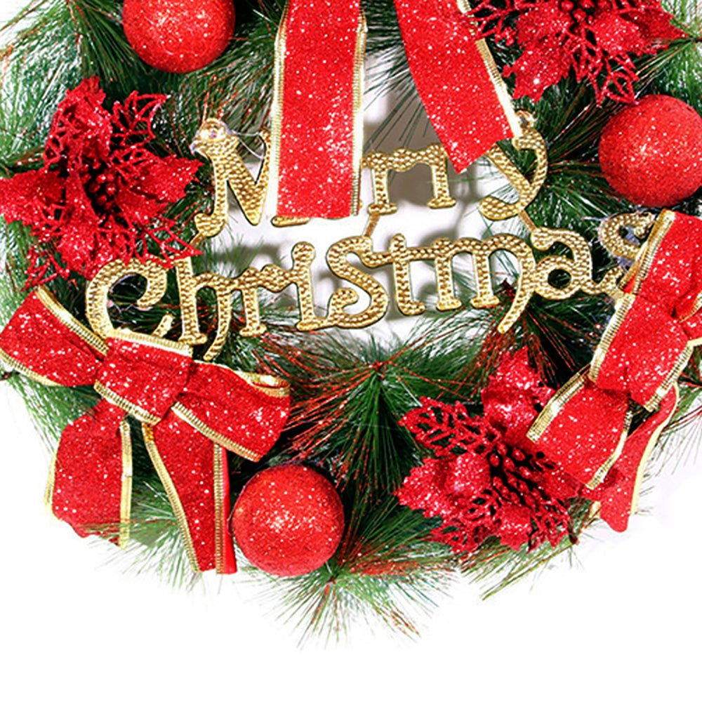 Deep Red Merry Christmas themed artificial Christmas Wreath for Walls, Tree and Christmas Door Décor, 15 inches (w) x 15 inches (ht) with Lights - Little Surprise BoxDeep Red Merry Christmas themed artificial Christmas Wreath for Walls, Tree and Christmas Door Décor, 15 inches (w) x 15 inches (ht) with Lights