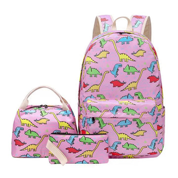 Dino park 3 pcs Matching Backpack with Lunch Bag & Stationery Pouch, Pink