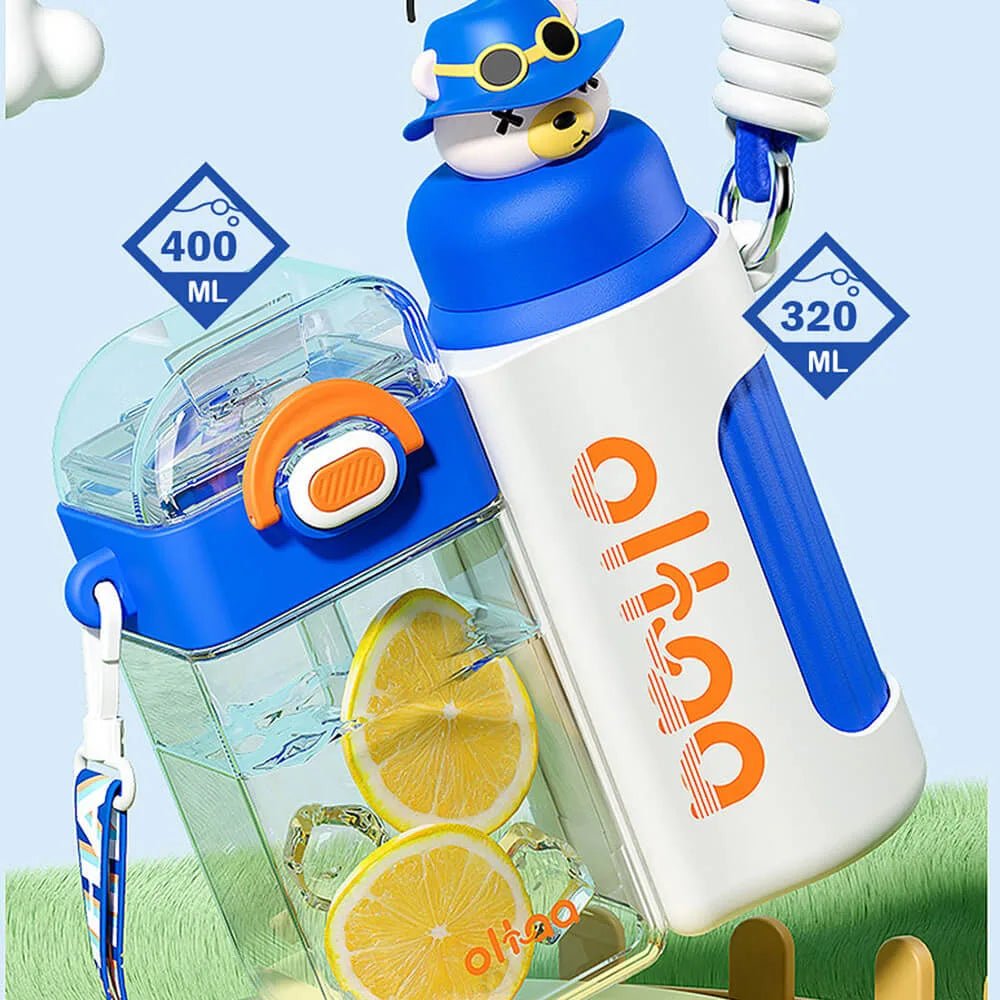 Double Tumbler Blue bear detachable set water bottle, 400 ml & 320ML for Kids and Adults