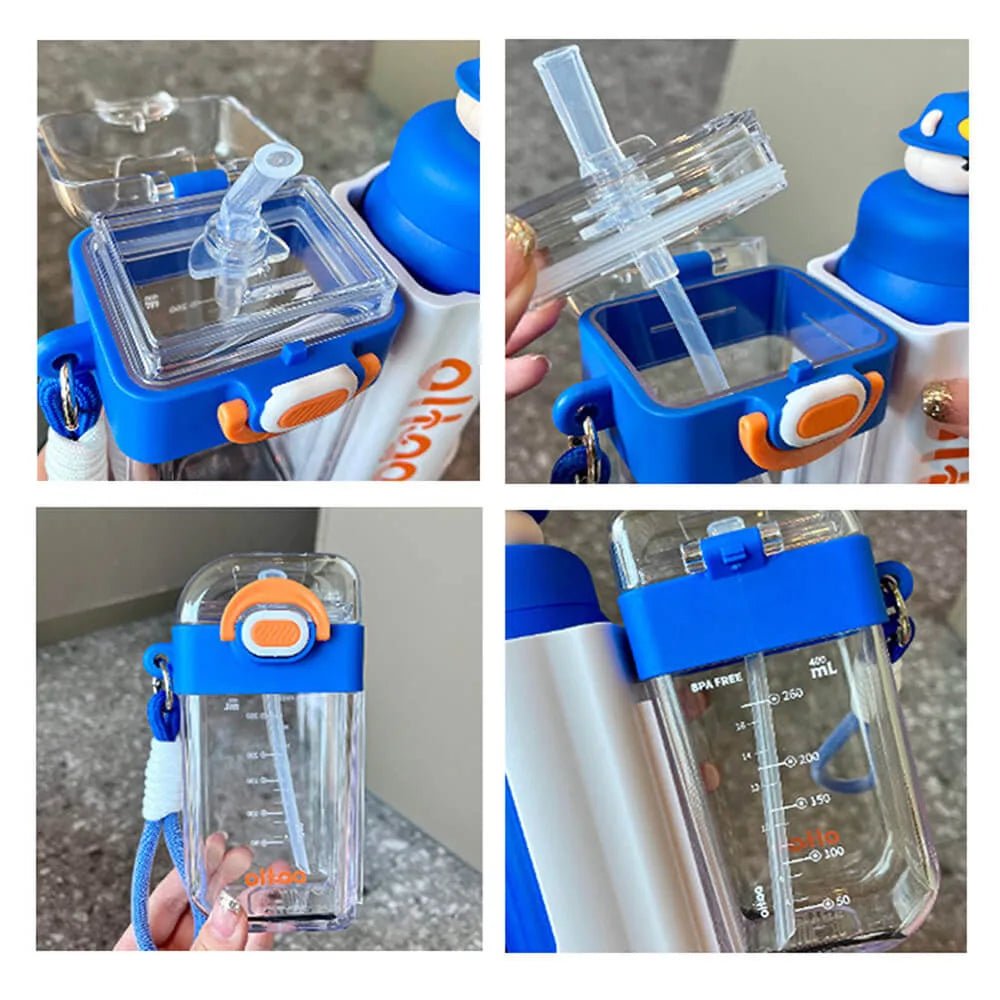 Double Tumbler Blue bear detachable set water bottle, 400 ml & 320ML for Kids and Adults