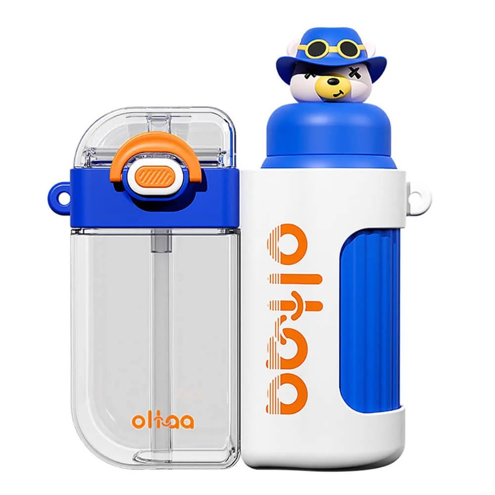 Double Tumbler Blue bear detachable set water bottle, 400 ml & 320ML for Kids and Adults
