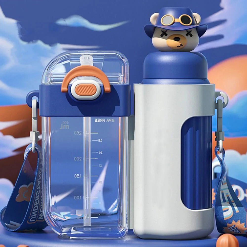 Double Tumbler Blue bear detachable set water bottle, 400 ml & 320ML for Kids and Adults