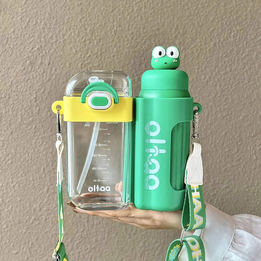Double Tumbler Green Frog detachable set water bottle, 400 ml & 320ML for Kids & Adults. - Little Surprise BoxDouble Tumbler Green Frog detachable set water bottle, 400 ml & 320ML for Kids & Adults.