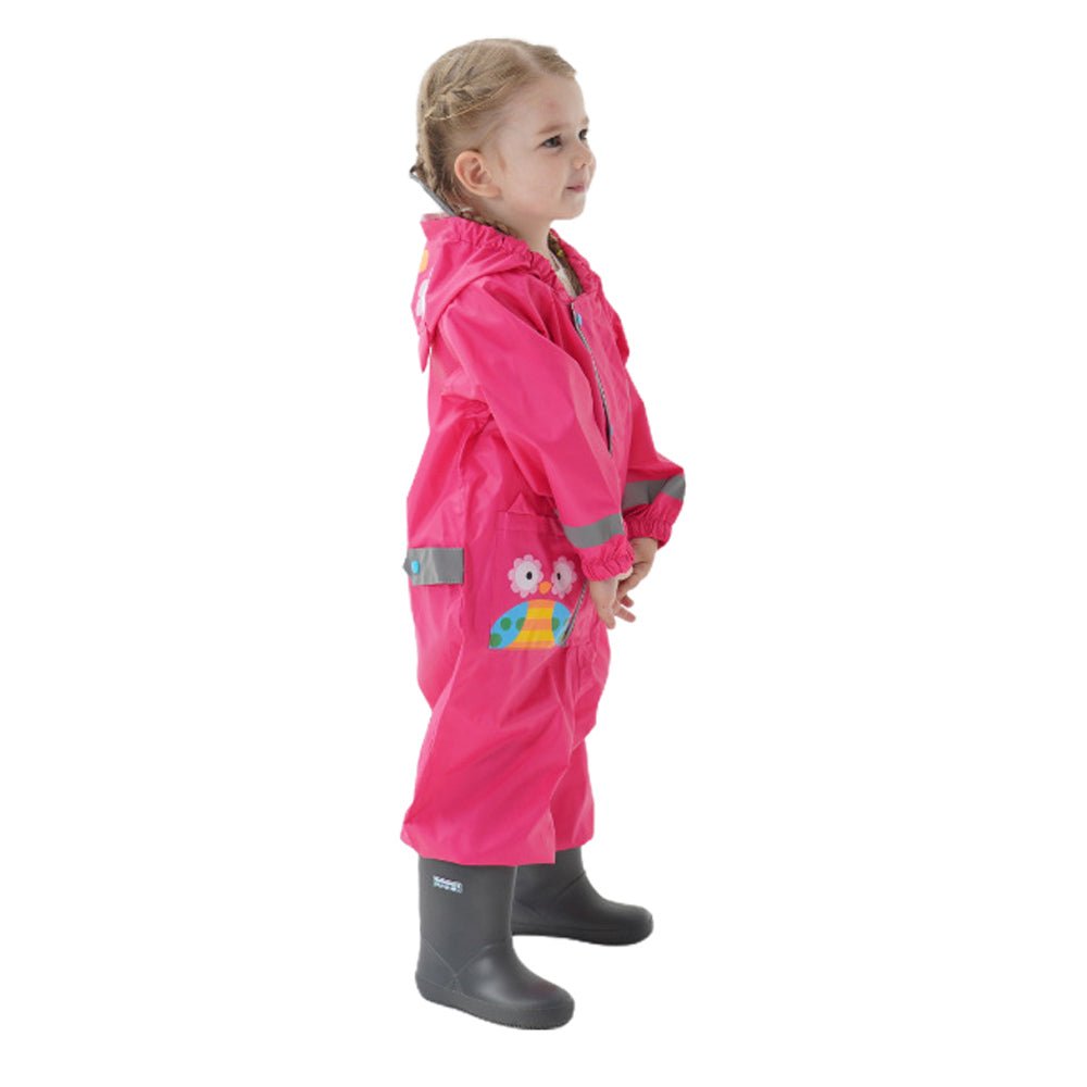Fuchsia Pink Cute Owl Theme All Over Jumpsuit / Playsuit Raincoat for Kids - Little Surprise BoxFuchsia Pink Cute Owl Theme All Over Jumpsuit / Playsuit Raincoat for Kids