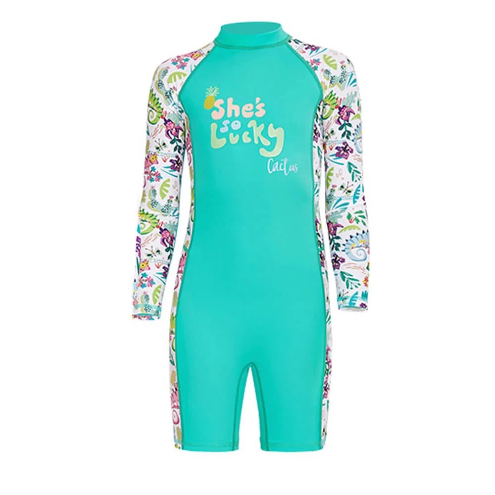 Full Sleeves Kids Swimwear Mint Green Woodland Printed Knee Length UPF 50+